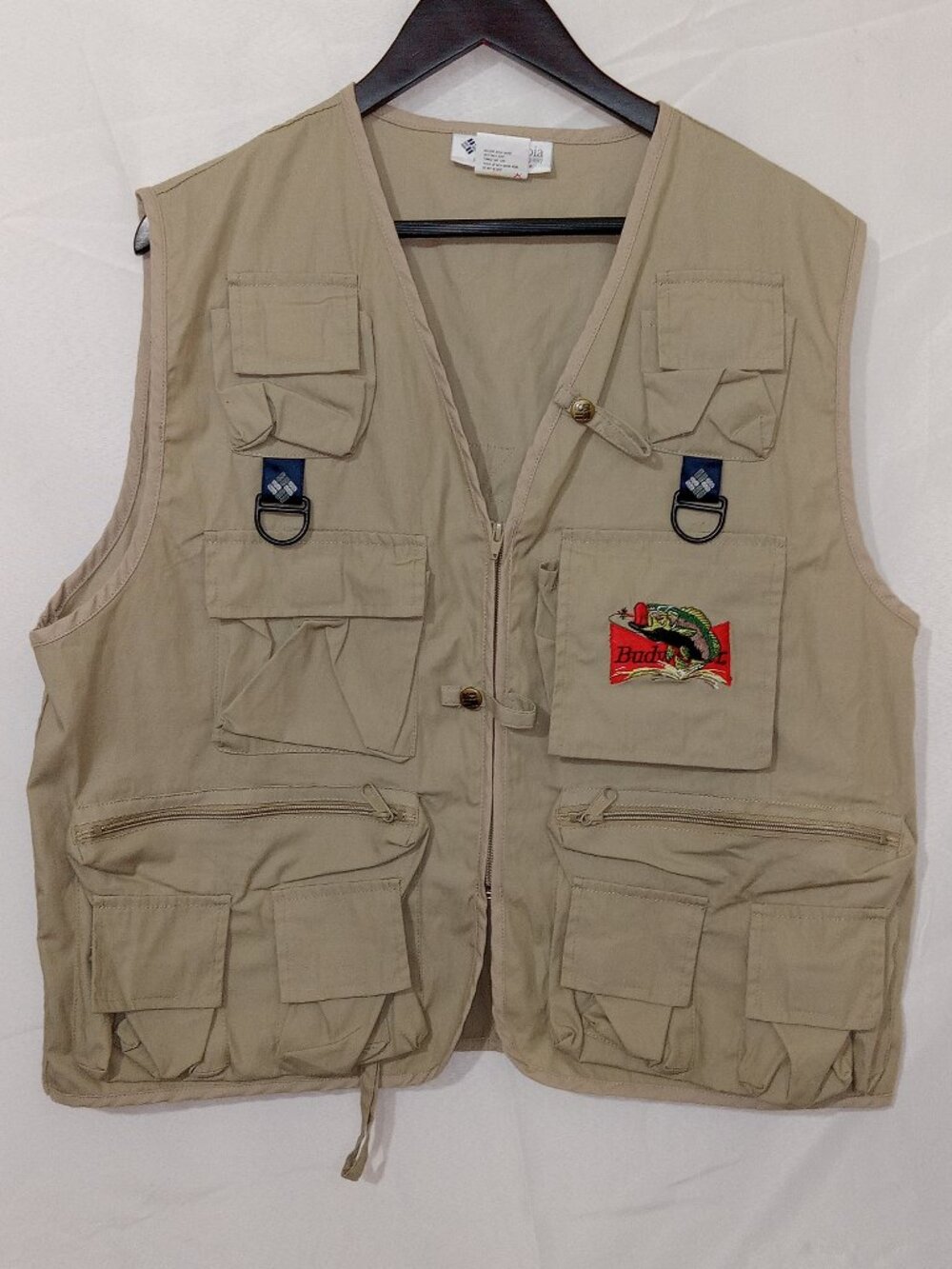 Columbia PFG Mens Fly Fishing Vest Tan Multi Pocket Utility Cargo Budweiser L/XL